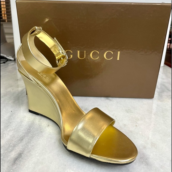 Gucci Shoes - Gucci Gold Ankle Strap wedges